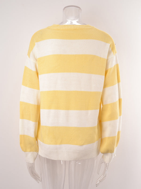 Suéter de punto casual con cuello redondo y rayas de patchwork para mujer 