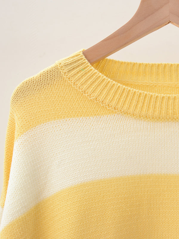 Suéter de punto casual con cuello redondo y rayas de patchwork para mujer 