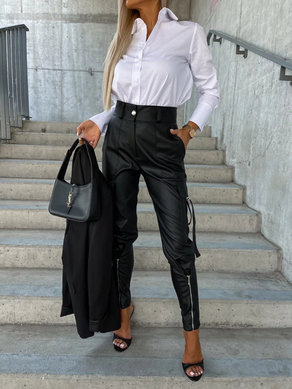 Women's Fashion Slim Fit PU Leather Zipper Detail Pants | S - XL | 5 COLORS