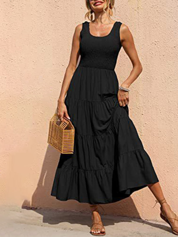 Pleated stitching A-line maxi dress