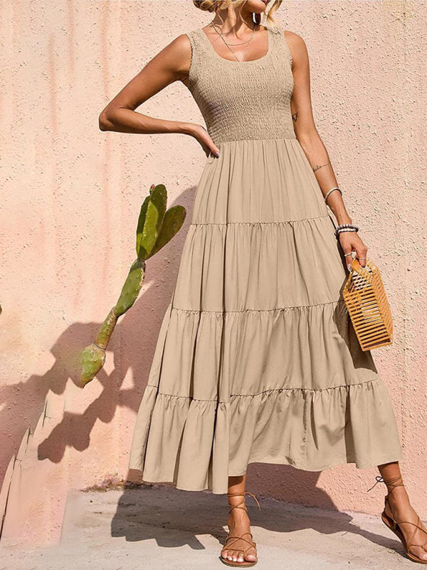 Pleated stitching A-line maxi dress