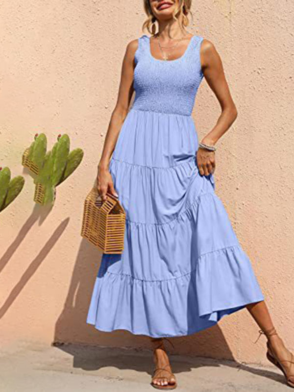 Pleated stitching A-line maxi dress