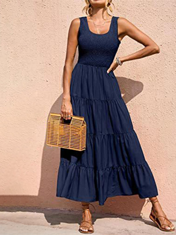 Pleated stitching A-line maxi dress