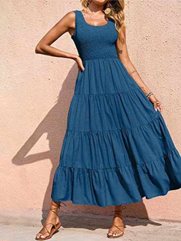 Pleated stitching A-line maxi dress
