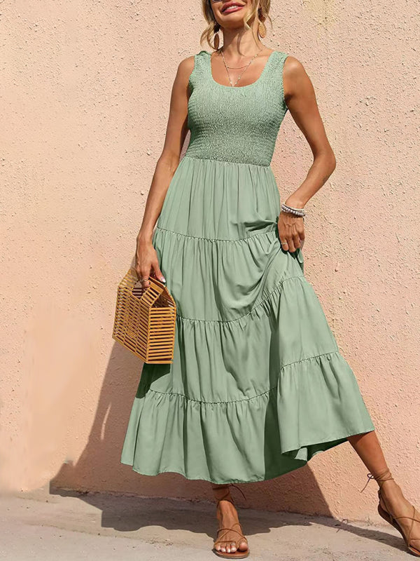 Pleated stitching A-line maxi dress