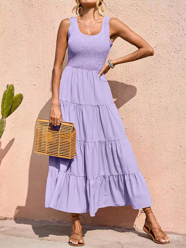 Pleated stitching A-line maxi dress