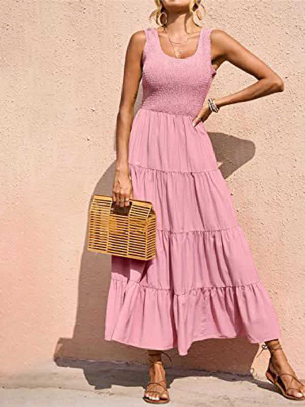 Pleated stitching A-line maxi dress
