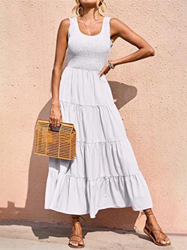 Pleated stitching A-line maxi dress