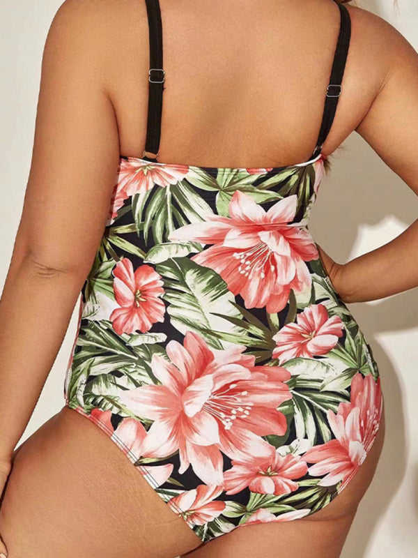 Traje de baño de una pieza de cintura alta con estampado de talla grande 