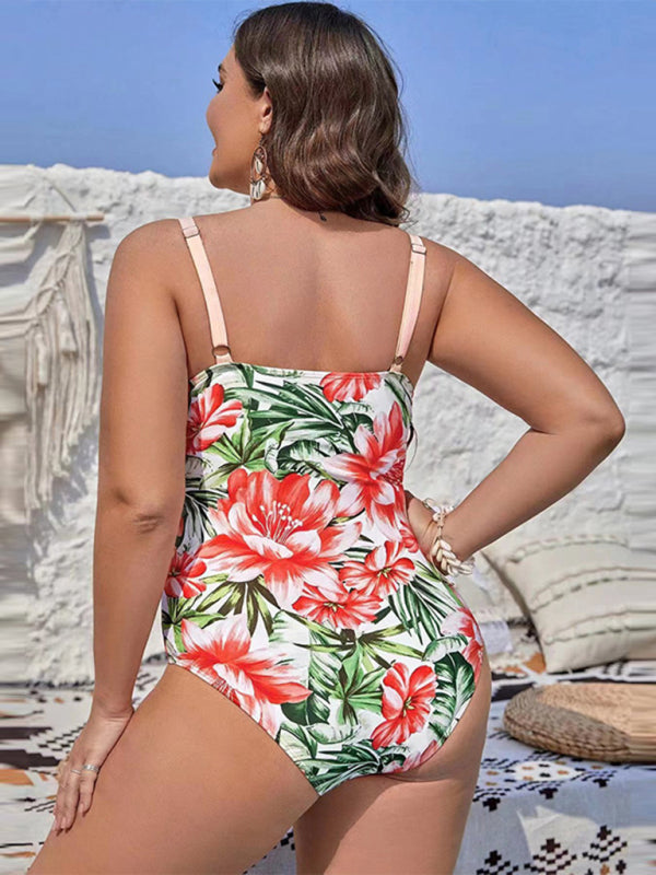 Traje de baño de una pieza de cintura alta con estampado de talla grande 