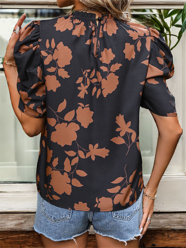 Nueva camisa estampada de cuello redondo, mangas herradura y elegante 