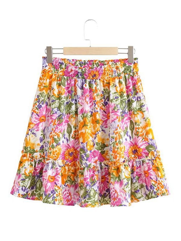 French retro floral high waist skirt printed ruffle skirt