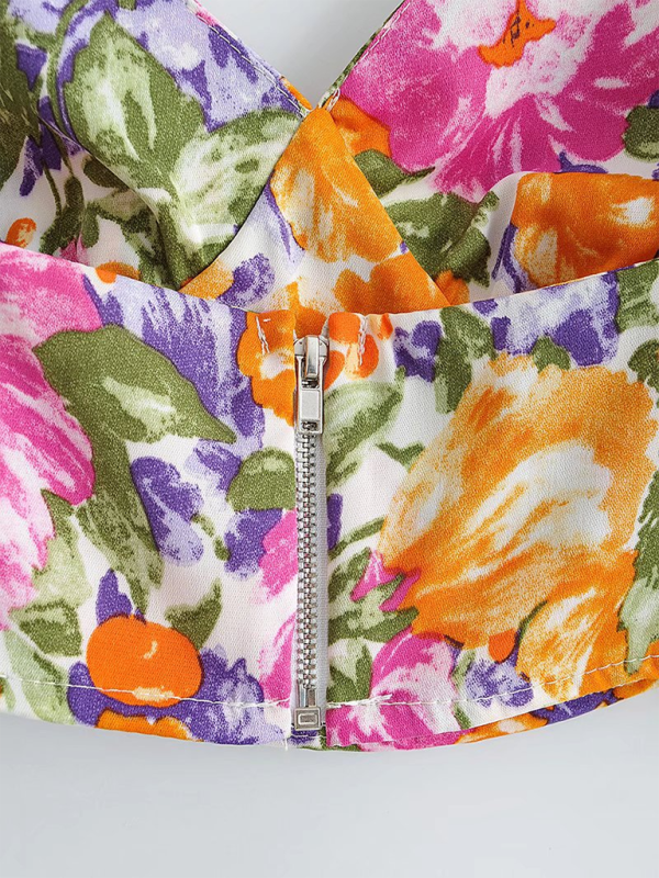 Falda de cintura alta con estampado floral retro francés y falda con volantes 