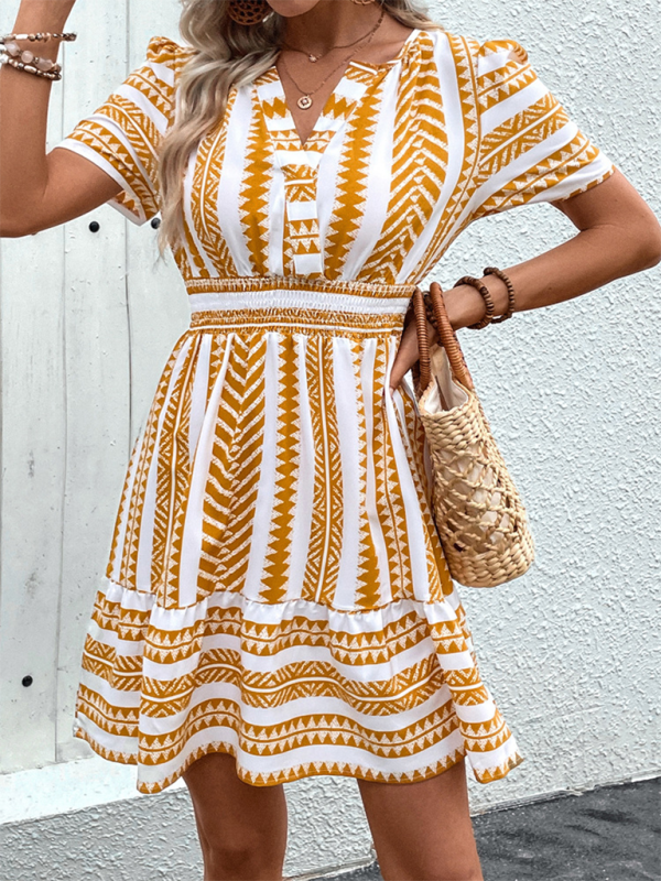 Vestido estampado de manga corta con escote en V y estilo bohemio para mujer 