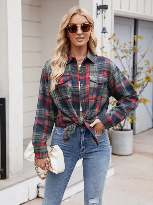 New Casual Fashion Loose Plaid Pocket Shirt