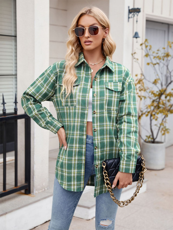 New Casual Fashion Loose Plaid Pocket Shirt