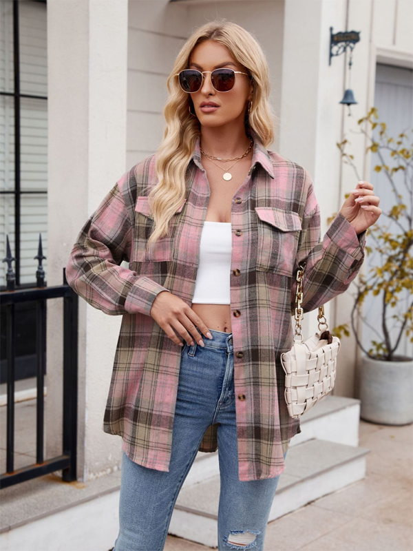 New Casual Fashion Loose Plaid Pocket Shirt