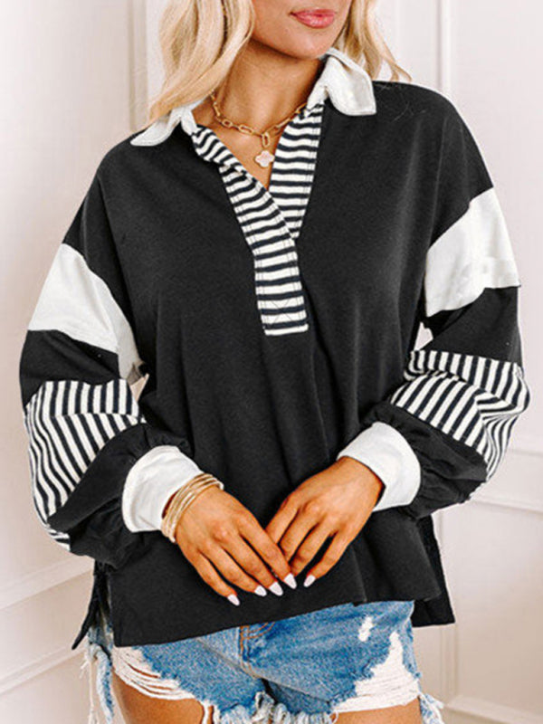 Women's Sweatshirt OversizedPolo Neck Striped Colorblocking Top