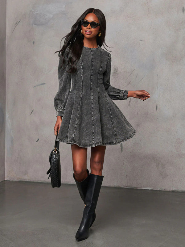 Denim patchwork waist long sleeve dress