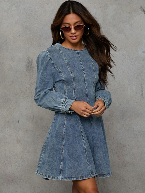 Denim patchwork waist long sleeve dress