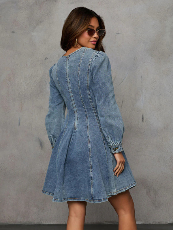 Denim patchwork waist long sleeve dress