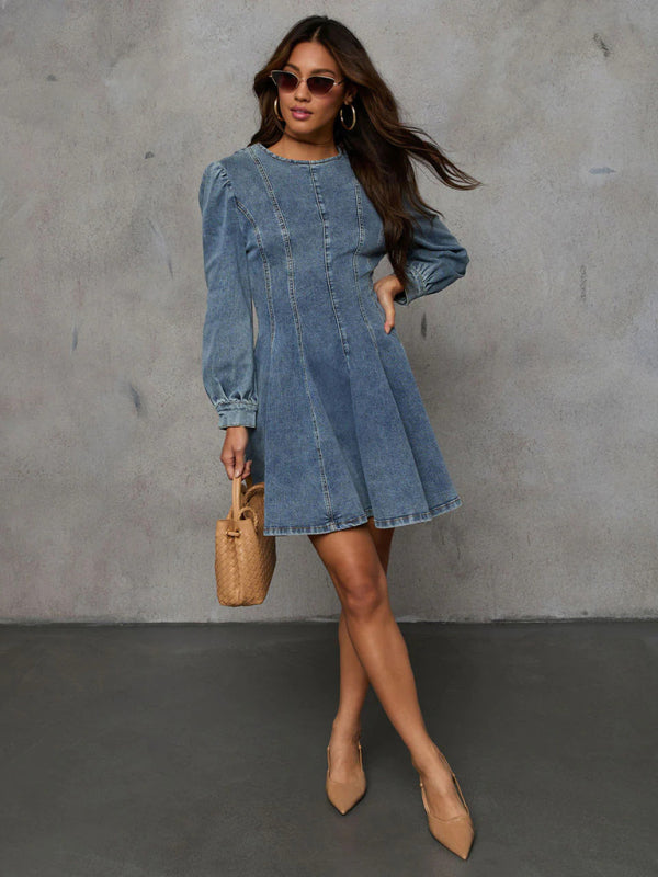 Denim patchwork waist long sleeve dress