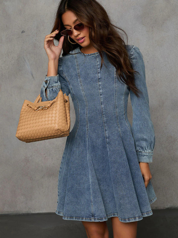 Denim patchwork waist long sleeve dress