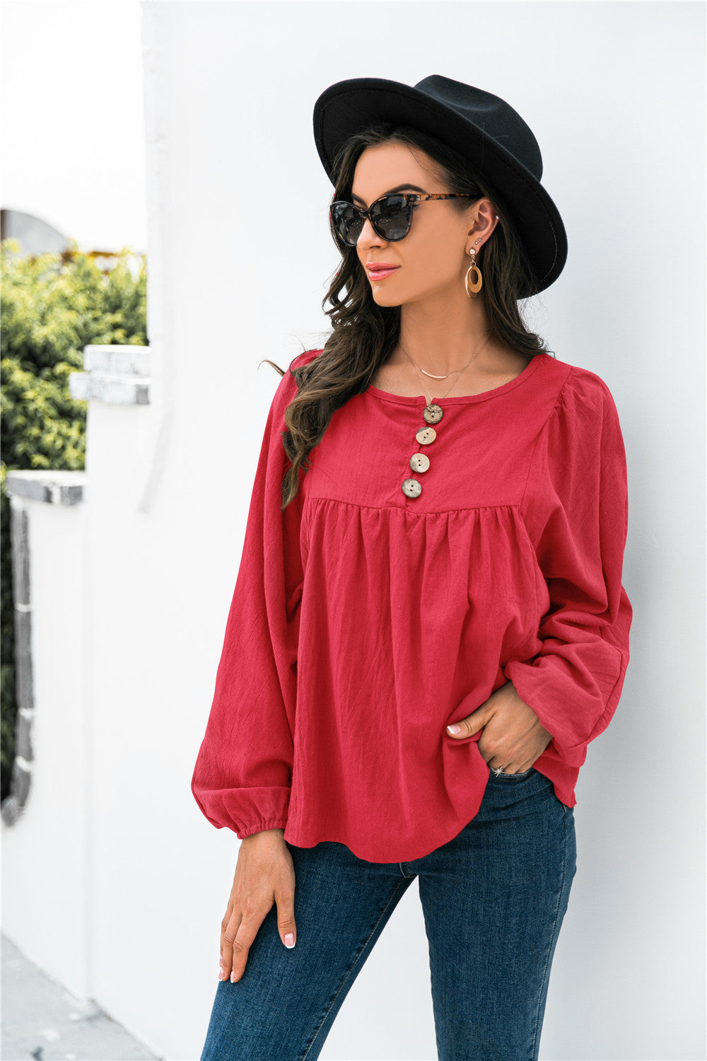 Button Up Balloon Sleeve Blouse