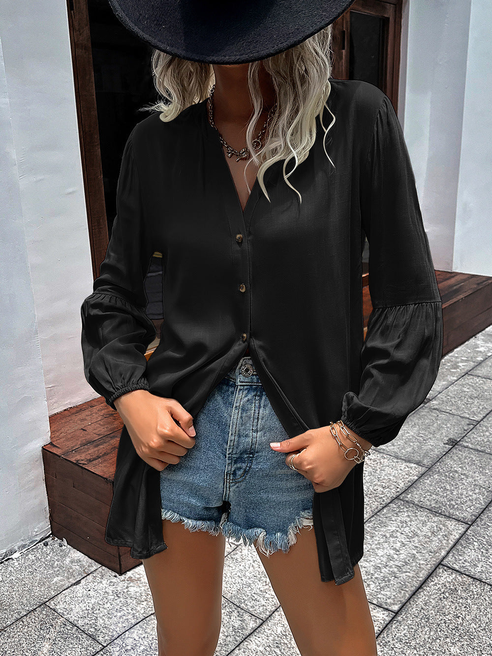 Camisa con mangas abullonadas y cuello con muescas de Double Take