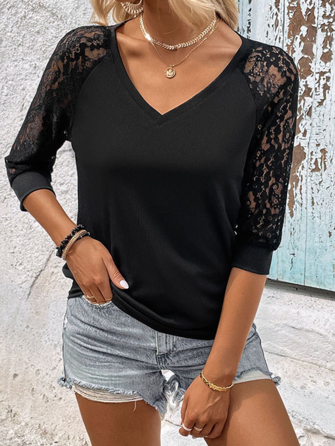 Double Take V-Neck Spliced Lace Raglan Sleeve Top