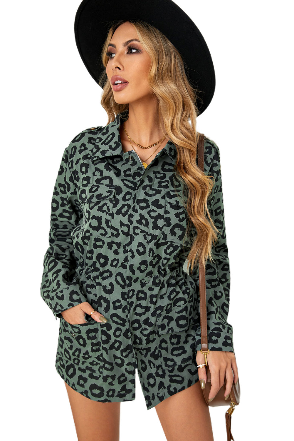 Chaqueta con cordón en la cintura y bolsillos de leopardo de Double Take