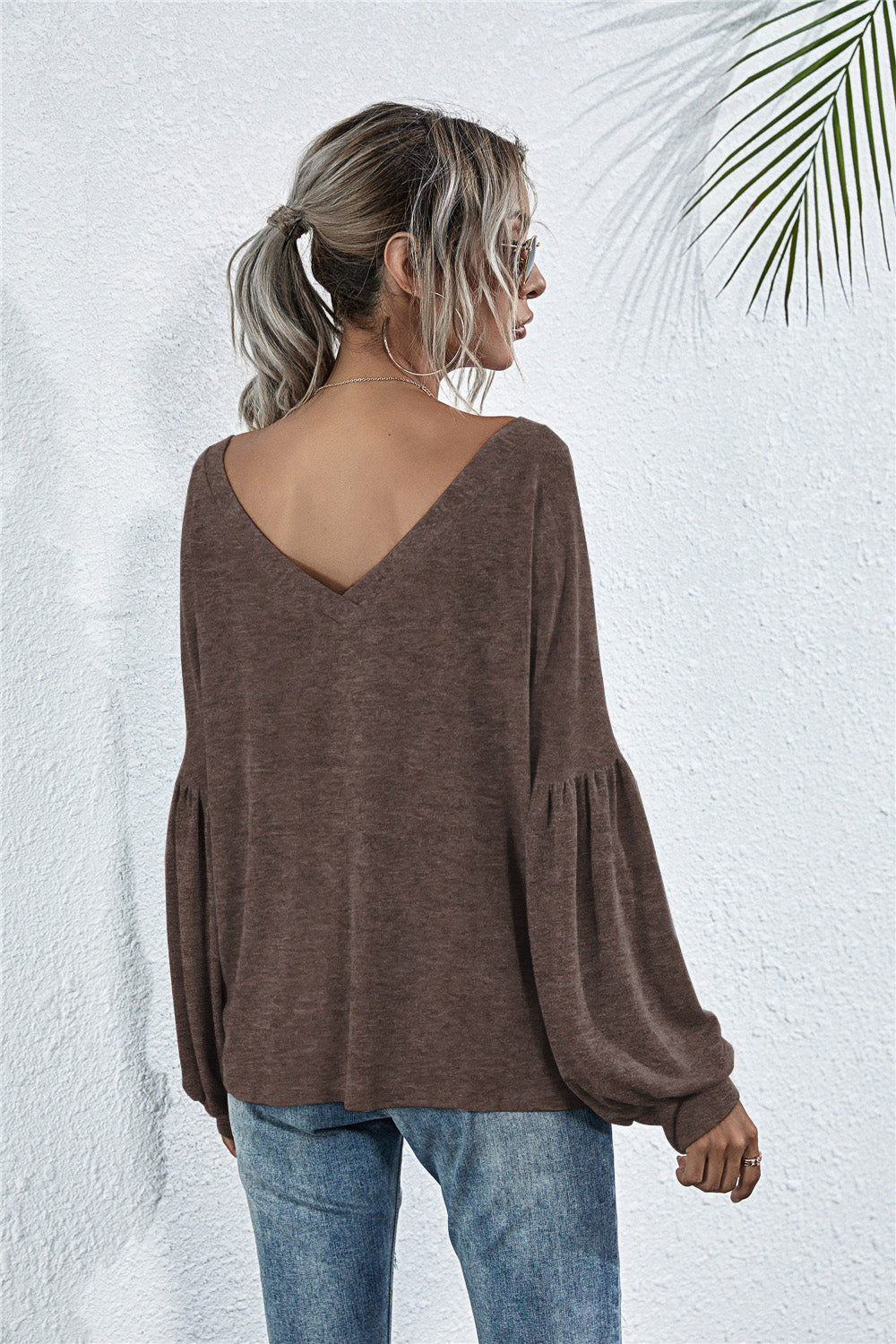 V-Neck Long Sleeve Dropped Shoulder Knit Top