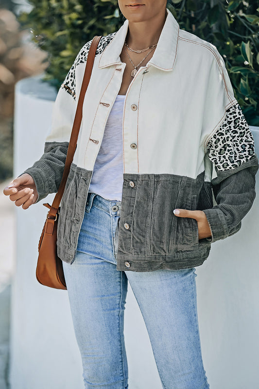 Chaqueta de pana con botones y bloques de color de leopardo