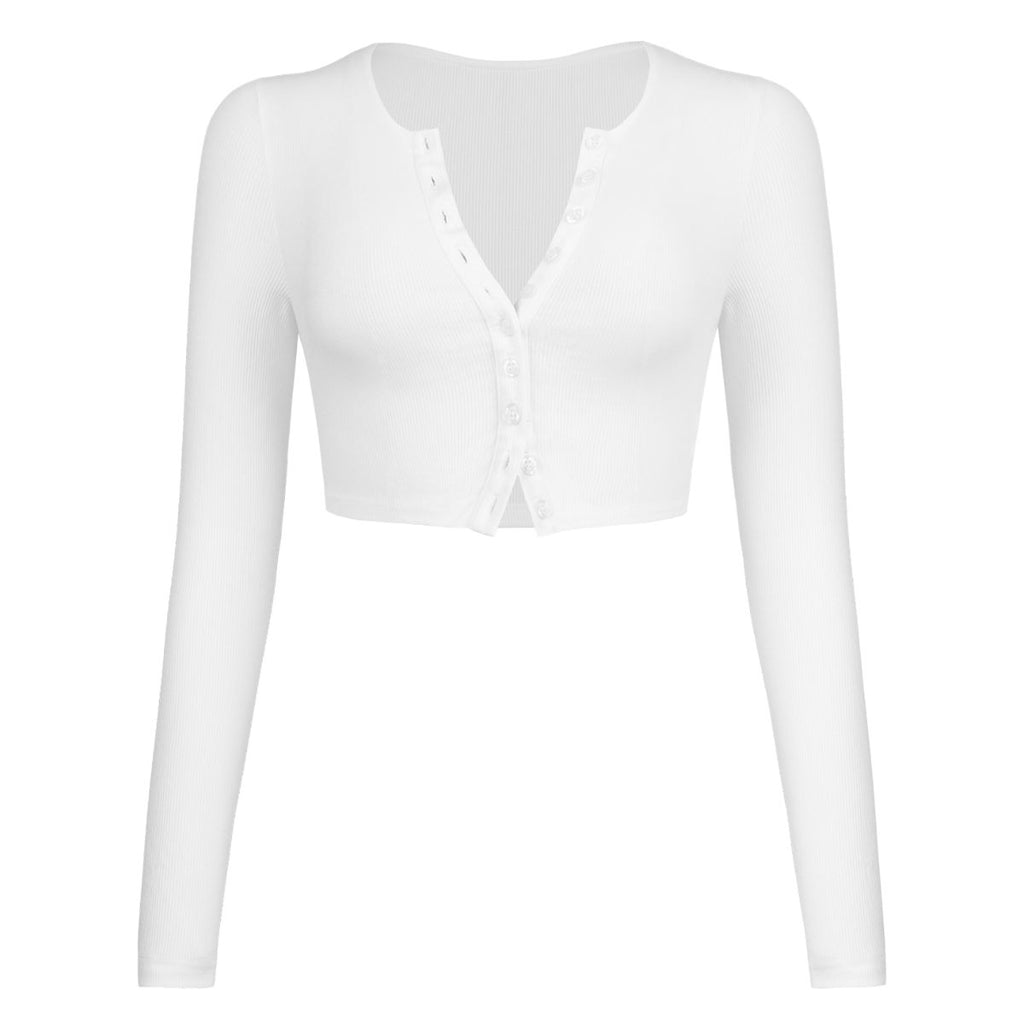 Double Take Button Down Long Sleeve Cropped Top